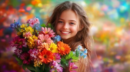 Fototapeta premium smiling girl holding a vibrant bouquet of flowers, surrounded by flowers generative ai