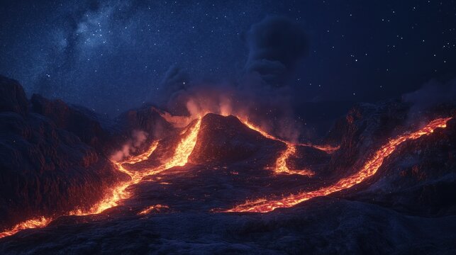 Vulkan bei Nacht mit gl&uuml;hendem Lavastrom