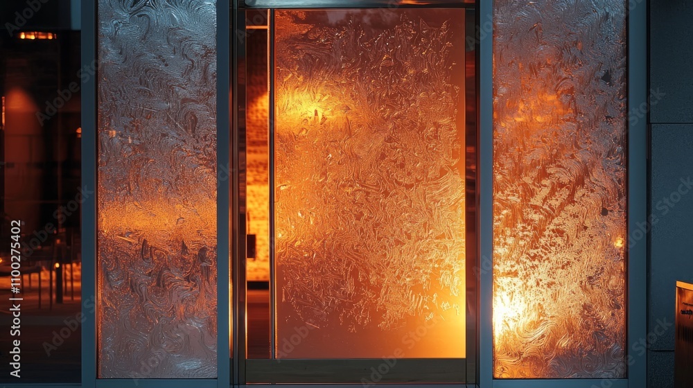 Poster a frosted glass window with warm orange light glowing from behind, creating an inviting and mysterio
