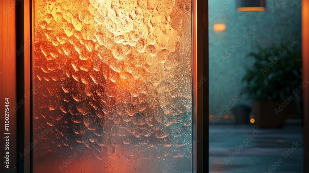 Poster a close-up view of a textured glass panel illuminated by warm light, creating a beautiful interplay 
