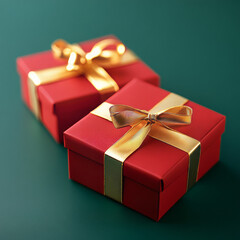 Obraz premium Elegant red gift boxes with gold ribbons on a festive green background, perfect for holiday or special occasion gifting.
