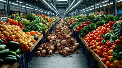 Obraz premium A vibrant marketplace filled with a variety of fresh vegetables and fruits, showcasing an abundance of colorful produce in a well-lit environment.