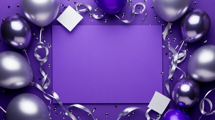 Purple and silver balloon frame with shiny ribbons generative ai