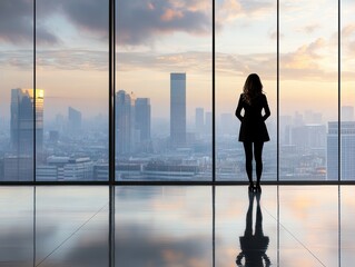Fototapeta premium A woman stands silhouetted against a stunning cityscape, gazing out at the sunset. The play of light and shadow creates a moment of introspection and beauty.