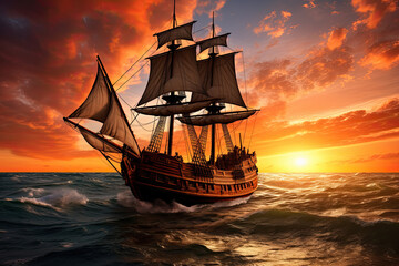 Ultra realistic old caravel on the ocean