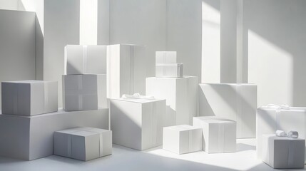 Obraz premium A white room with a white wall and white boxes on a table