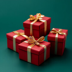 Fototapeta premium Elegant red gift boxes with gold ribbons on a festive green background, perfect for holiday or special occasion gifting.