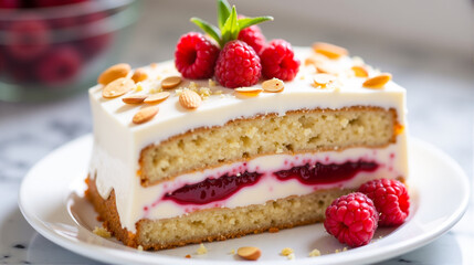 Delicious raspberry layer cake with cream and almonds perfect for summer gatherings and celebrations