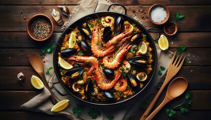 AI generative, Vibrant Jumbo Prawn Paella Presentation