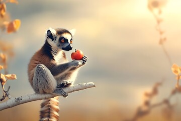 Obraz premium A curious ring-tailed lemur sitting on a branch, enjoying a juicy red apple under the warm golden hour sunlight in a tropical forest setting.