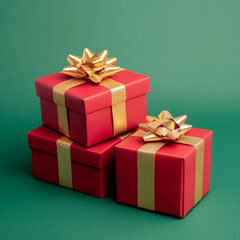Fototapeta premium Elegant red gift boxes with gold ribbons on a festive green background, perfect for holiday or special occasion gifting.