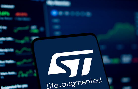 Dhaka, Bangladesh- 23 Nov 2024: STMicroelectronics logo is displayed on smartphone. STMicroelectronics NV is a European multinational semiconductor manufacturing company.