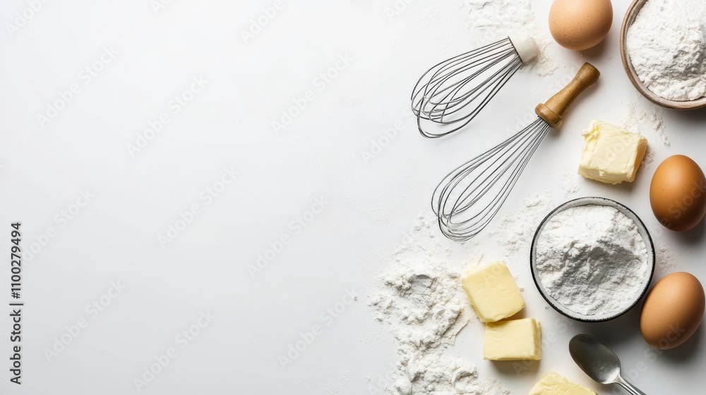 Poster flour, eggs, butter, and a whisk are neatly arranged on a blank white background, providing an ideal