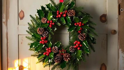AI GENERATE, Wreath made of holly, pinecones, and berries hanging on a rustic door