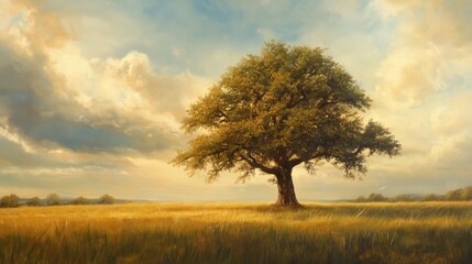 Fototapeta premium Solitäre Eiche in einer weiten goldenen Ebene