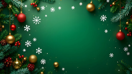 festive composition with craft giftbox, red ribbon, elegant tree ornaments, golden bauble, star, mistletoe, hoarfrost-covered spruce, and confetti on a cheerful green background with copyspace
