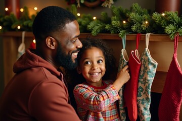 Uncle and niece hang Christmas stockings by fireplace