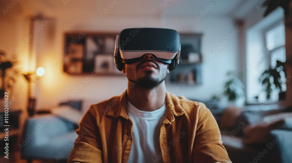 Poster a man is immersed in a virtual reality experience while seated in a warmly lit living room. the surr