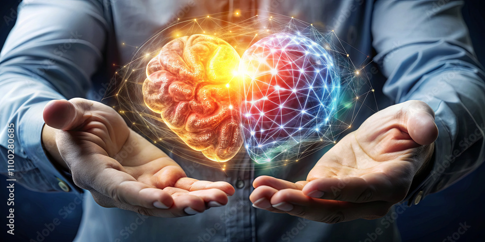 Poster a person holds a glowing heart-shaped brain in one hand and a networked brain in the other, symboliz