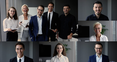 Successful team members posing for camera in office, collage view. Group of young and mature...