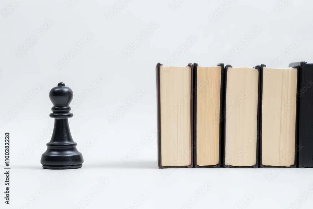 Poster various books are organized on a clean surface, adjacent to a lone black chess pawn, creating an inv