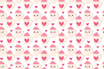 Obraz premium Seamless pattern with cute cups and mugs for valentines day. Flat illustration
