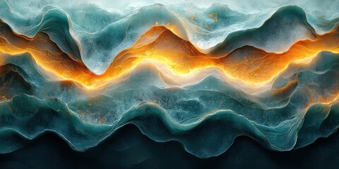 Fototapeta premium Abstract landscape with glowing orange and teal waves.