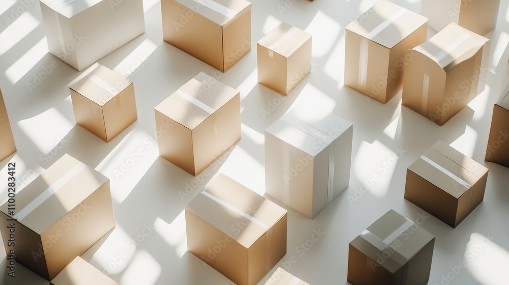 Poster a bunch of cardboard boxes are arranged in a pattern on a white background