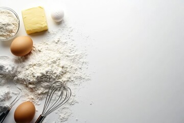 Flour, eggs, butter, and a whisk are carefully arranged on a white background, providing a perfect setup for baking activities. Generative AI