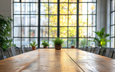 Fototapeta premium spacious boardroom with wooden table, surrounded by plants and large windows, creating bright and inviting atmosphere. natural light enhances warm tones of wood