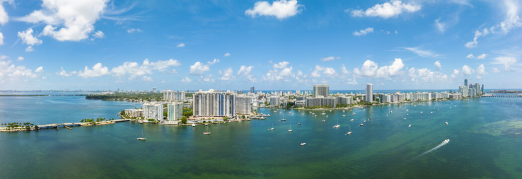 Aerial view of beautiful Monment Island in Biscayne Bay with vibrant cityscape and serene ocean, Miami Beach, USA.