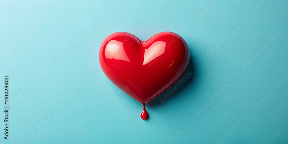 Poster a shiny red heart shape is centered against a turquoise background, with a single droplet of red liq