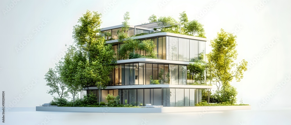 Aufkleber modern sustainable architecture featuring greenery and glass, showcasing environmental design for in