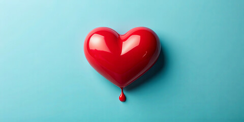 A shiny red heart shape is centered against a turquoise background, with a single droplet of red liquid hanging from its bottom, adding dynamic interest and visual appeal
