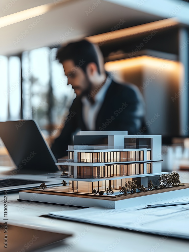 Poster architect reviewing modern building scale model in contemporary office setting with laptop and natur