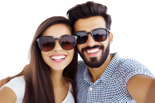 Happy young couple taking a selfie while wearing sunglasses, isolated on a transparent background. - Powered by Adobe