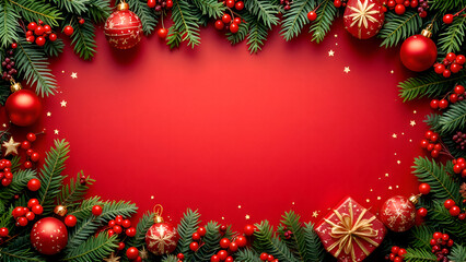 Christmas decoration border with fir branches and golden glitter confetti and sparkles of lights blur bokeh on red background. Bright Christmas and New Year design holiday frame illustration.	