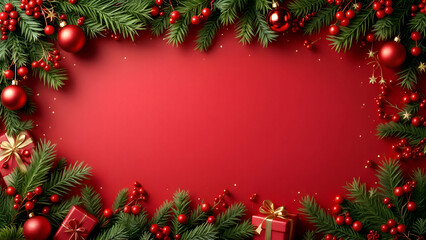 Christmas decoration border with fir branches and golden glitter confetti and sparkles of lights blur bokeh on red background. Bright Christmas and New Year design holiday frame illustration.	