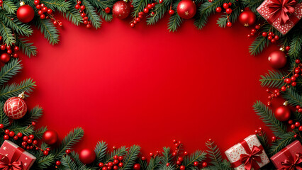 Christmas decoration border with fir branches and golden glitter confetti and sparkles of lights blur bokeh on red background. Bright Christmas and New Year design holiday frame illustration.	