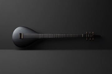 A sleek, black string instrument reminiscent of a Tar, Setar, or Tanbur rests against a dark backdrop, exuding elegance and tradition.