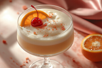 High-quality image of a whiskey sour cocktail, elegantly garnished with a cherry and orange slice. Soft pink background enhances the drink's allure. Perfect for celebrating special occasions 
