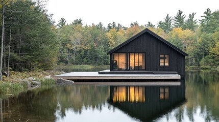 Obraz premium Minimalist lake cabin with timber exterior, large windows, and a dock. Sunrise light creates a tranquil, reflective mood.