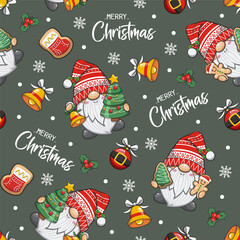 Seamless Pattern Gnome Santa Claus On Dark Green Background. Cute Cartoon Illustration