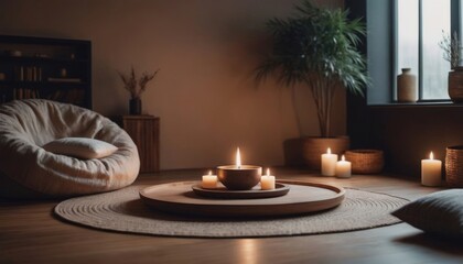 Fototapeta premium Minimalist room for meditation with a cozy fire pit, soft candlelight, and warm, neutral tones creating a peaceful ambiance