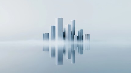 Fototapeta premium A serene cityscape featuring modern skyscrapers reflected in calm waters, enveloped in a misty atmosphere.