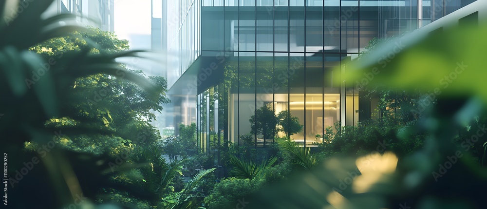 Aufkleber modern office building surrounded by lush greenery showcasing harmony between urban design and natur