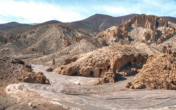 Aerial view of landscape in Atlas Mountain range in Morocco.