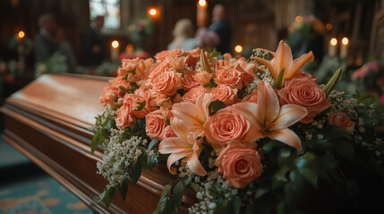 Serene funeral casket adorned with pink roses and lilies in a memorial service  
