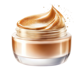 Luxurious golden cream in a glass jar, isolated on transparent cutout background