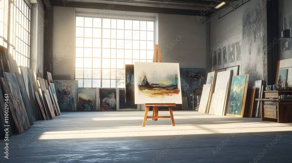 Poster a large, empty art studio with an easel displaying an abstract painting and multiple paintings leani